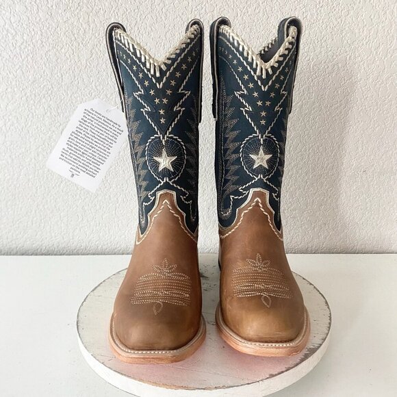 NEW Lane RODEO HOUSTON Mens Cowboy Boots 10 Brown Navy Leather Western Blunt Toe - Picture 5 of 11